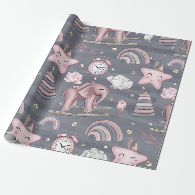 PINK & GRAY BABY GIRL TOYS HEARTS FLOWERS WRAPPING PAPER (Unrolled)