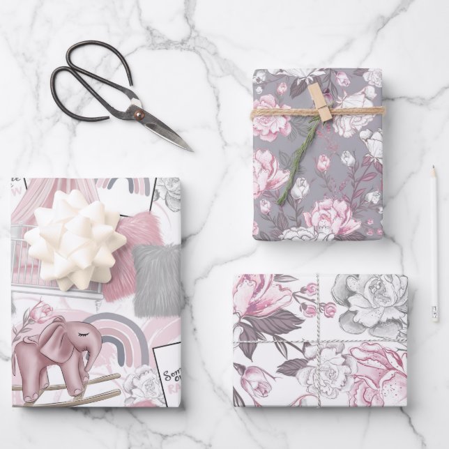 PINK & GRAY BABY GIRL TOYS HEARTS FLOWERS WRAPPING PAPER SHEETS (Front)