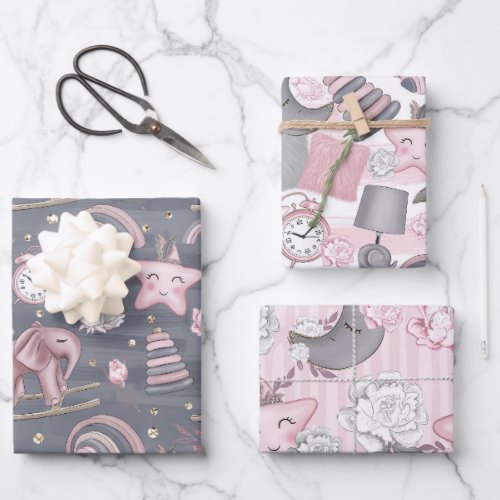 PINK  GRAY BABY GIRL TOYS HEARTS FLOWERS WRAPPING PAPER SHEETS