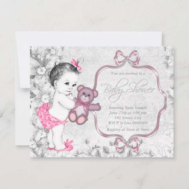 Pink Gray Baby Girl Vintage Baby Shower Invitation (Front)