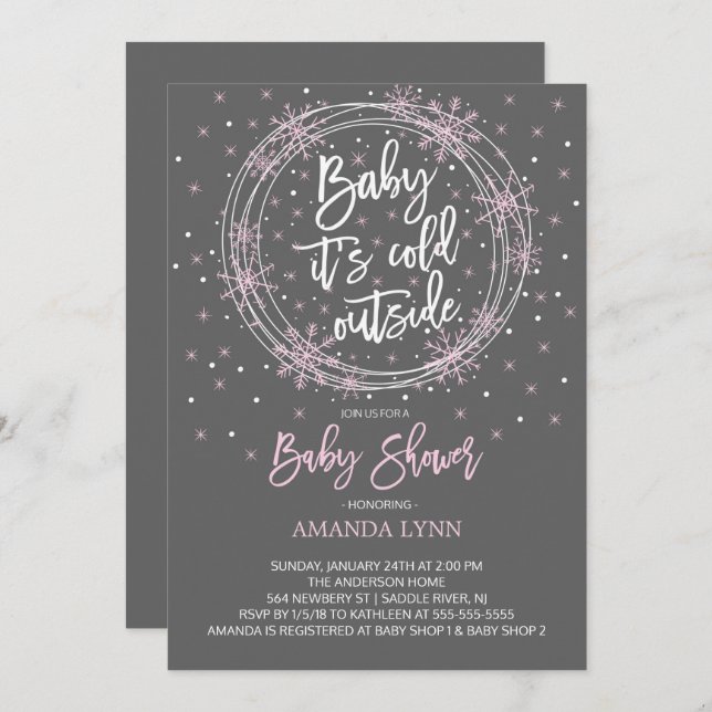 Pink Gray Baby It's Cold Outside Baby Shower Invitation (Front/Back)