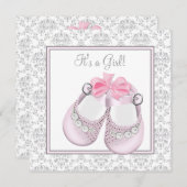 Pink Gray Baby Shoes Pink Gray Baby Girl Shower Invitation (Front/Back)