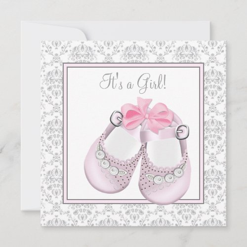 Pink Gray Baby Shoes Pink Gray Baby Girl Shower Invitation