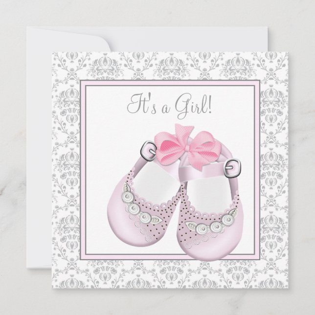 Pink Gray Baby Shoes Pink Gray Baby Girl Shower Invitation (Front)