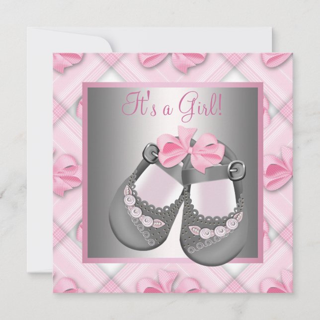 Pink Gray Baby Shoes Pink Gray Baby Girl Shower Invitation (Front)