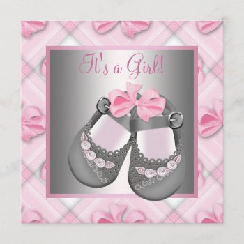 Pink Gray Baby Shoes Pink Gray Baby Girl Shower Invitation by BabyCentral at Zazzle