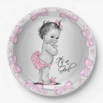 Pink Gray Baby Shower Paper Plates by The_Vintage_Boutique at Zazzle
