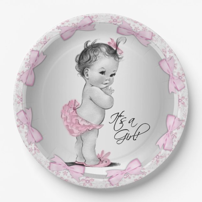 Pink Gray Baby Shower Paper Plates (Front)
