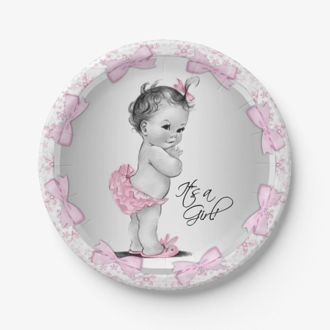 Pink Gray Baby Shower Paper Plates (Front)