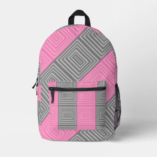 Pink & Gray Backpack With Abstract Squares Stripes
