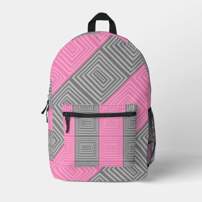 Pink & Gray Backpack With Abstract Squares Stripes (Front)
