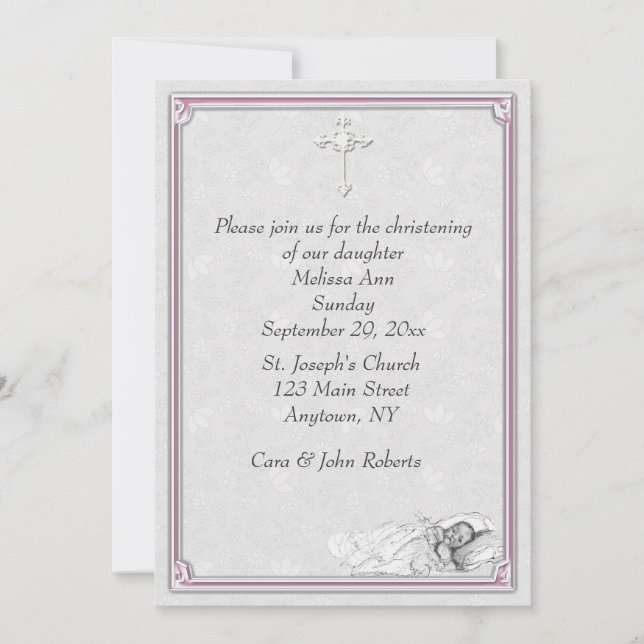 Pink Gray Baptism Christening Invitation (Front)