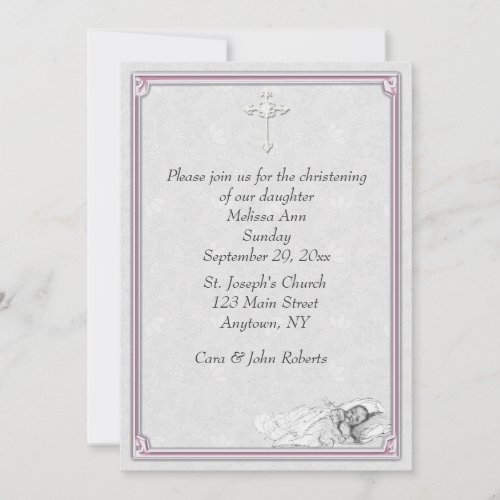 Pink Gray Baptism Christening Announcement