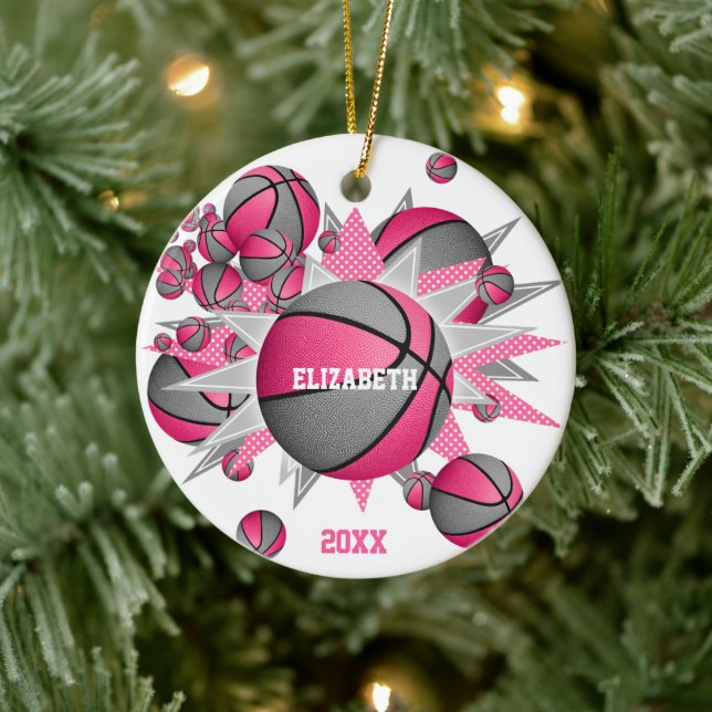 pink gray basketball blowout girls sports ceramic ornament (Tree)
