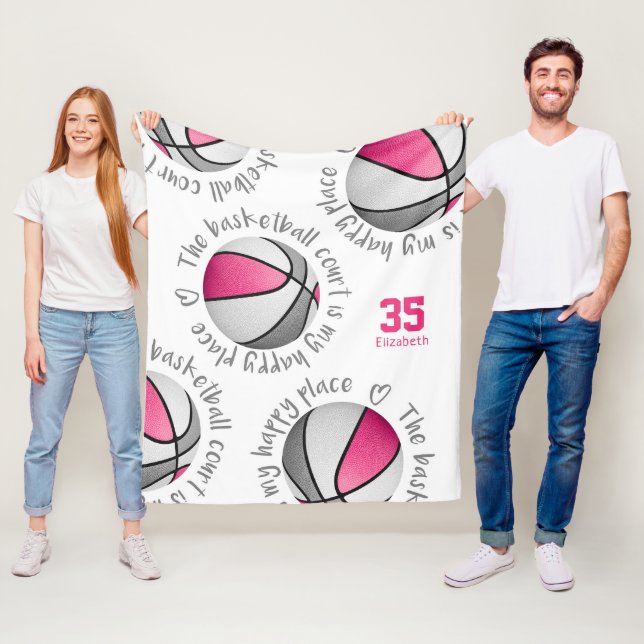 pink gray basketball court my happy place girls fleece blanket (In Situ)