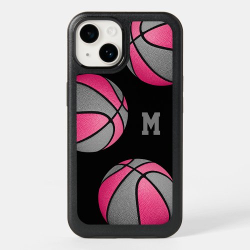 Pink gray basketballs monogrammed OtterBox iPhone 14 case