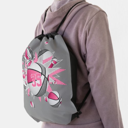 pink gray basketballs stars girls jersey number drawstring bag