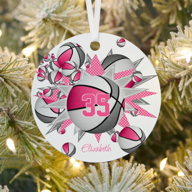 pink gray basketballs stars girls keepsake metal ornament (Insitu)
