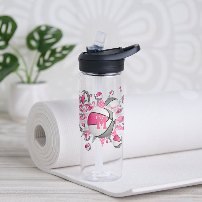 pink gray basketballs stars personalized water bottle (Yoga)