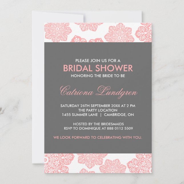 Pink & Gray Batik Flowers Bridal Shower Invitation (Front)