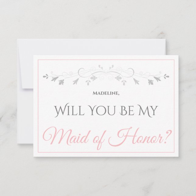 Pink & Gray Be My Maid of Honor Card (Front)