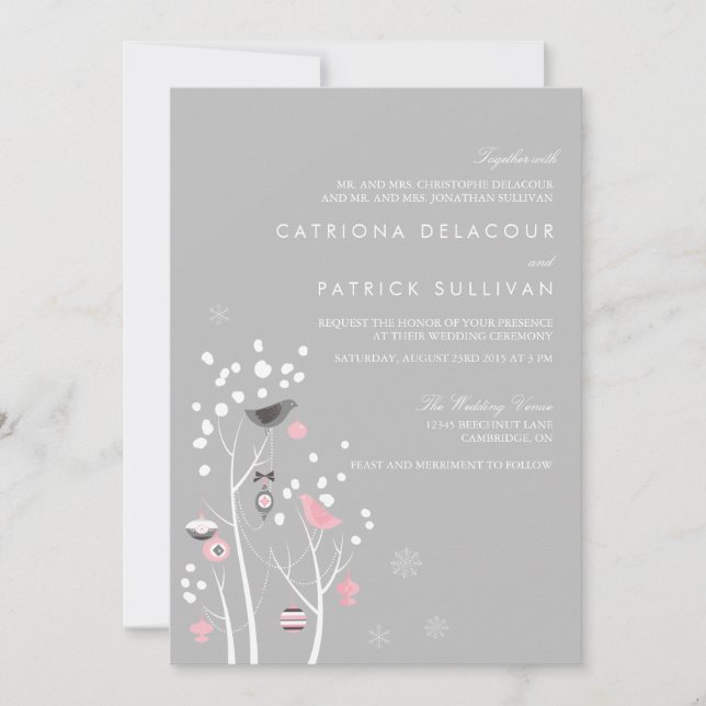 Pink & Gray Birds Winter Snow Wedding Invitation (Front)