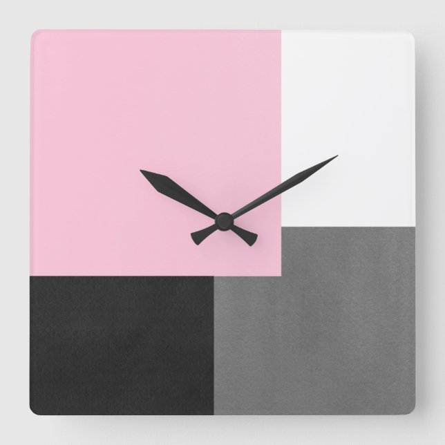 Pink Gray Black and White Geometric Block Square Wall Clock (Front)