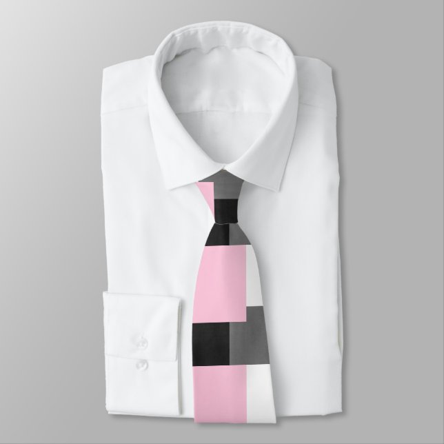 Pink Gray Black and White Geometric Pattern Neck Tie (Tied)