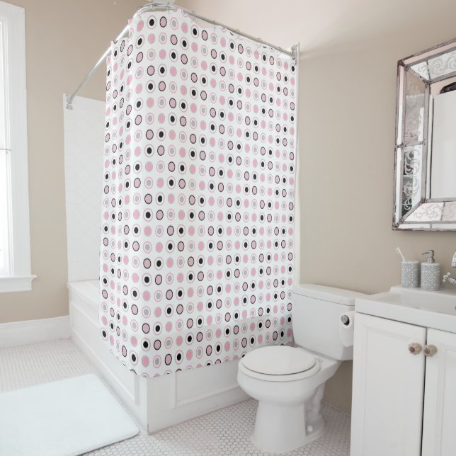 Pink, gray, black and white shower curtain (In Situ)