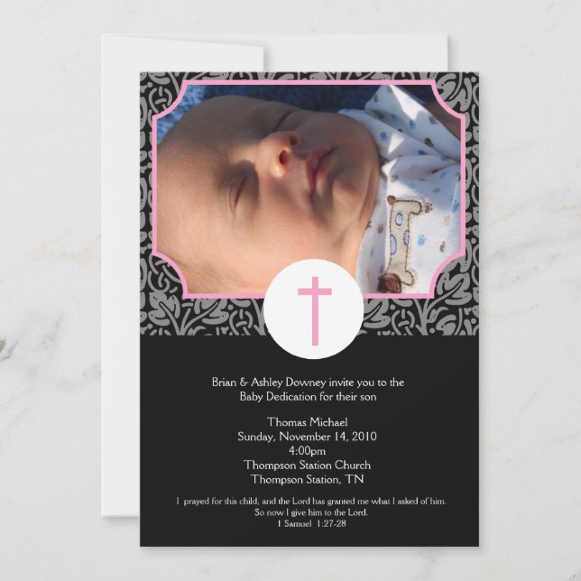 Pink/Gray/Black Baptism Baby Dedication 5x7 photo Invitation (Front)