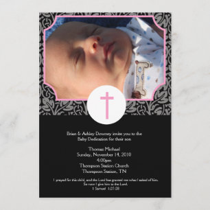 Pink/Gray/Black Baptism Baby Dedication 5x7 photo Invitation