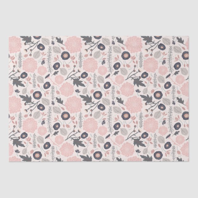 Pink Gray Black Botanical Floral Pattern Tissue Paper (Front)