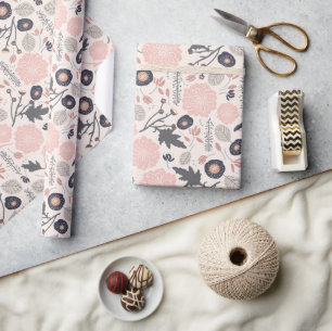 Pink Gray Black Botanical Floral Pattern Wrapping Paper