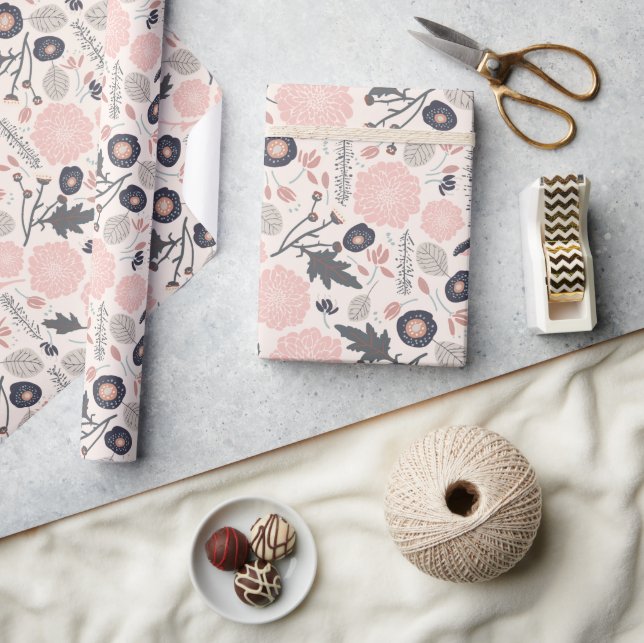 Pink Gray Black Botanical Floral Pattern Wrapping Paper (Crafts)