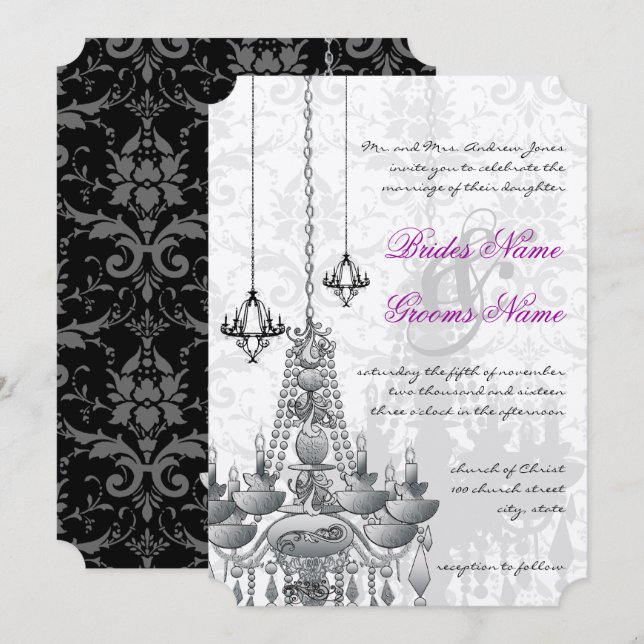 Pink Gray Black Chandelier Damask Wedding  Invitation (Front/Back)