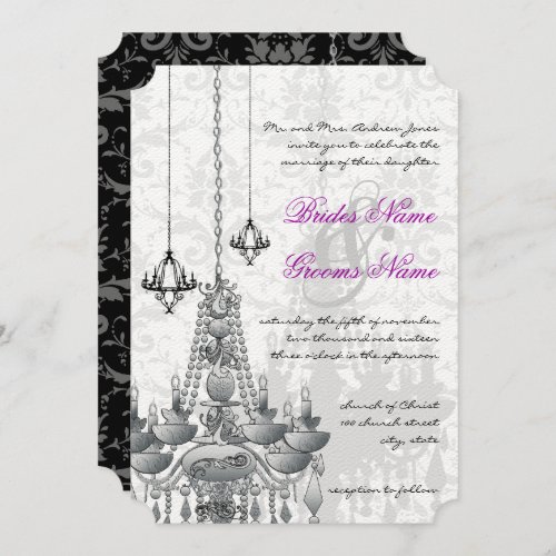 Pink Gray Black Chandelier Damask Wedding  Invitation