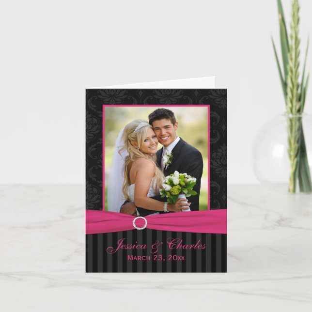 Pink Gray Black Damask Stripe Photo Thank You Card (Front)