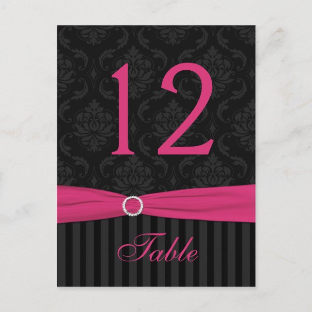 Pink Gray Black Damask Stripe Table Number Card (Front)