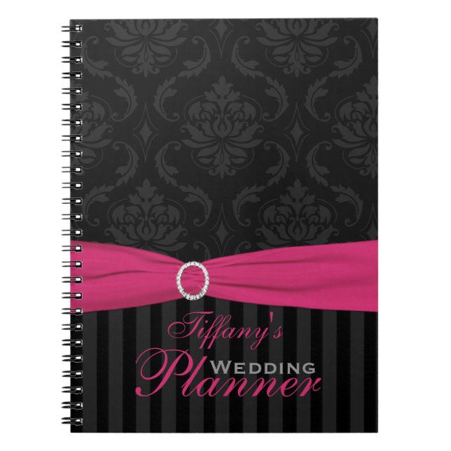 Pink Gray Black Damask Striped Notebook (Front)