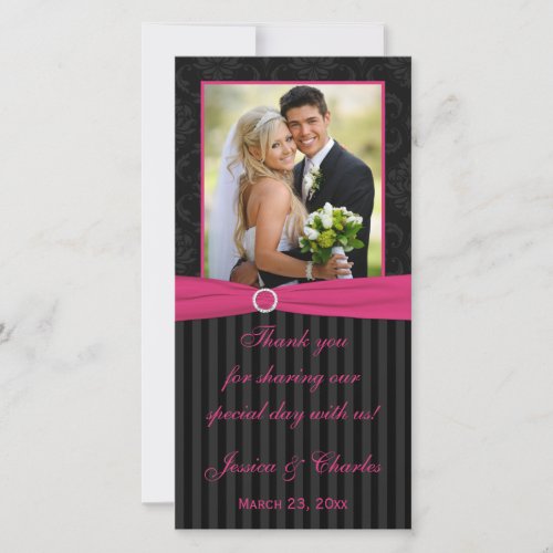 Pink Gray Black Damask Striped Wedding Photo Card
