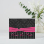 Pink Gray Black Damask Stripes Save The Date Card (Standing Front)