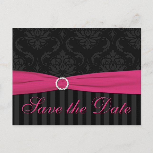 Pink Gray Black Damask Stripes Save The Date Card (Front)