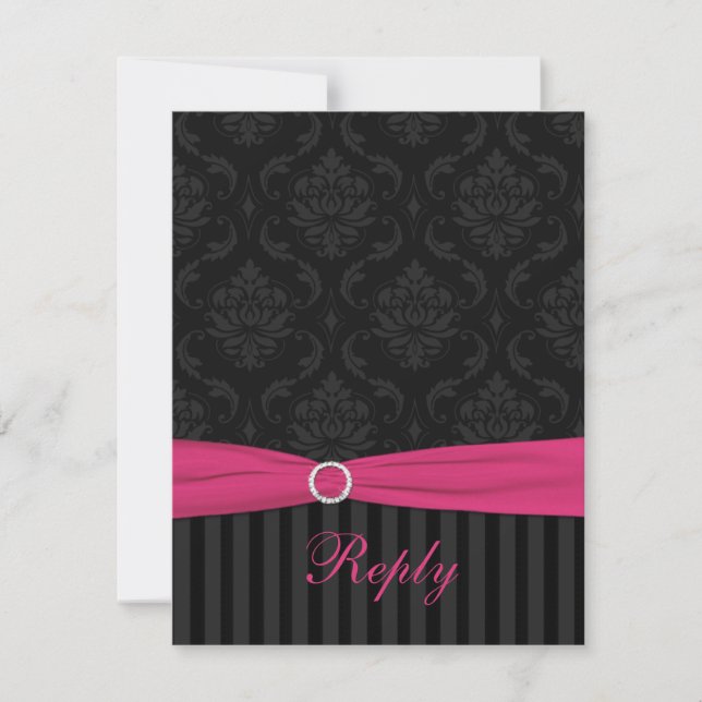 Pink Gray Black Damask Stripes Scrolls Reply Card (Front)