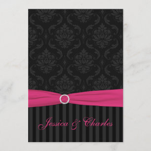 Pink Gray Black Damask Stripes Scrolls Wedding Invitation