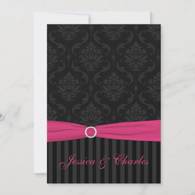 Pink Gray Black Damask Stripes Scrolls Wedding Invitation (Front)