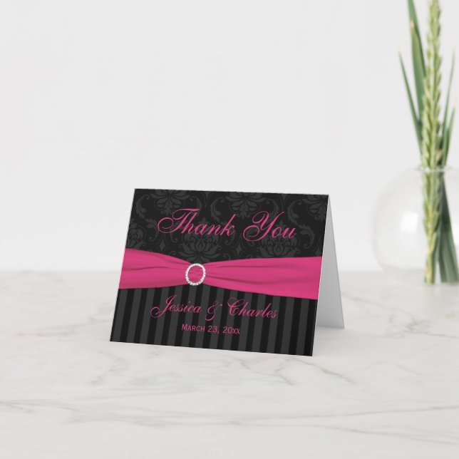 Pink Gray Black Damask Stripes Thank You Card (Front)