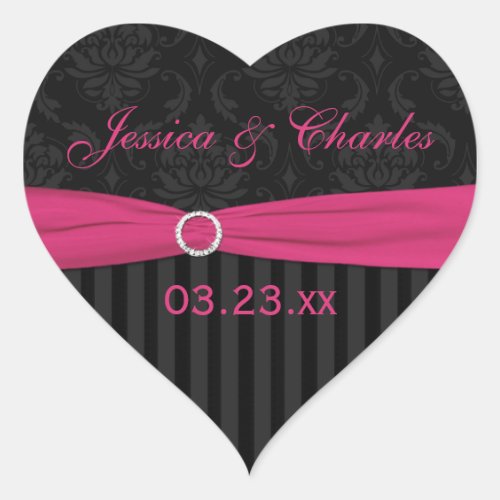 Pink Gray Black Damask Wedding Favor Sticker