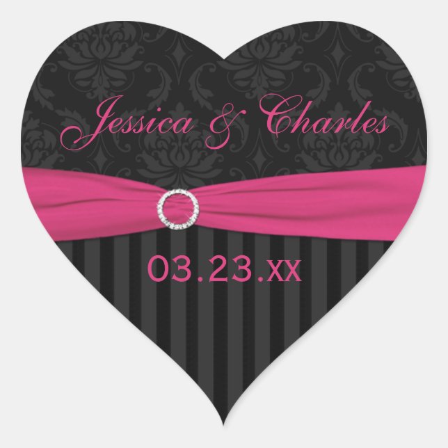 Pink Gray Black Damask Wedding Favor Sticker (Front)