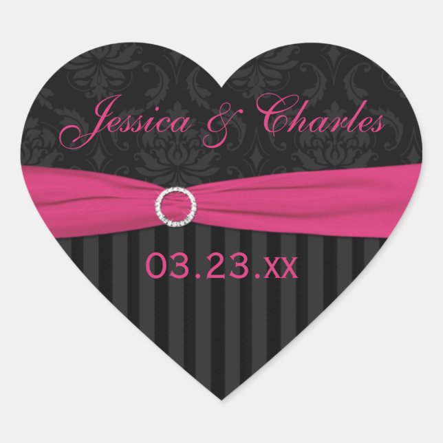 Pink Gray Black Damask Wedding Favor Sticker (Front)