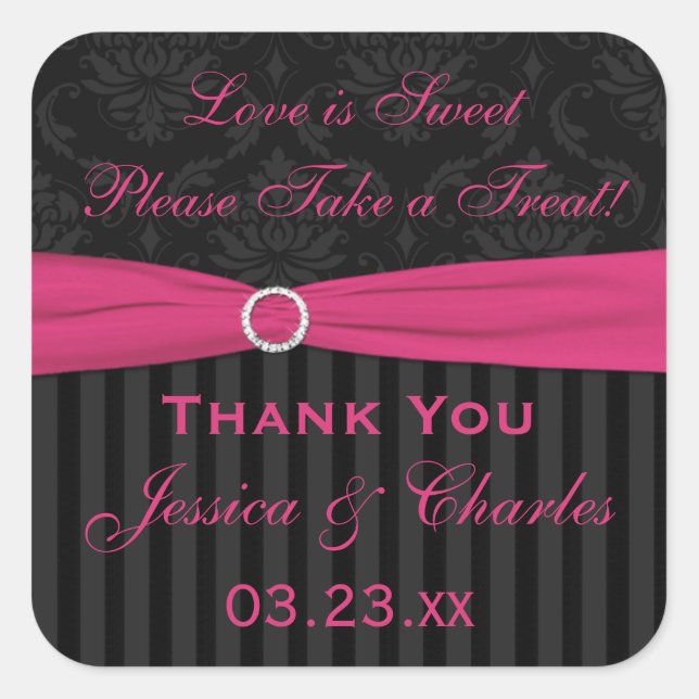 Pink Gray Black Damask Wedding Favor Sticker (Front)